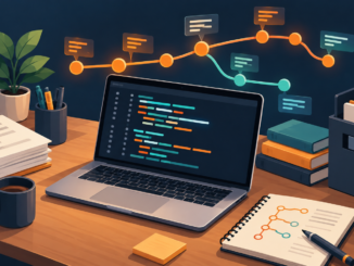 Laptop with a terminal and connected Git commit and branch nodes.