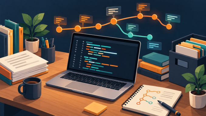 Laptop with a terminal and connected Git commit and branch nodes.