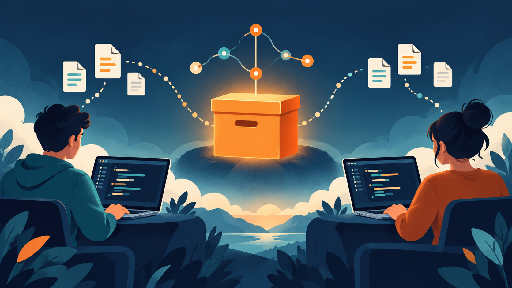 Two developers connect their local work to a shared Git repository.