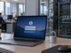 Realistic 3D render of a laptop sign-in screen and a padlock in an office beside a server rack.