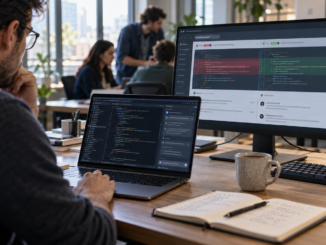 Realistic 3D illustration of a developer comparing generated code with a pull request review on an external monitor.