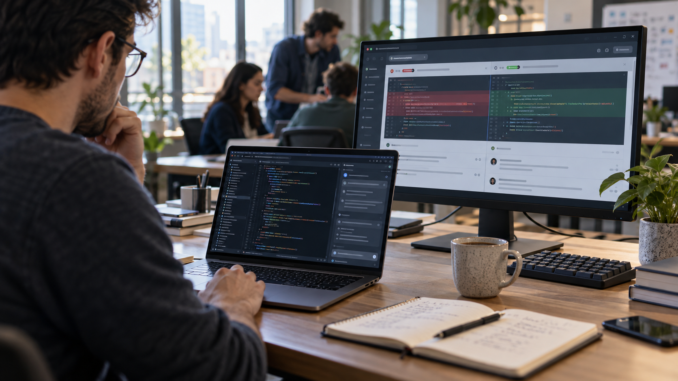 Realistic 3D illustration of a developer comparing generated code with a pull request review on an external monitor.