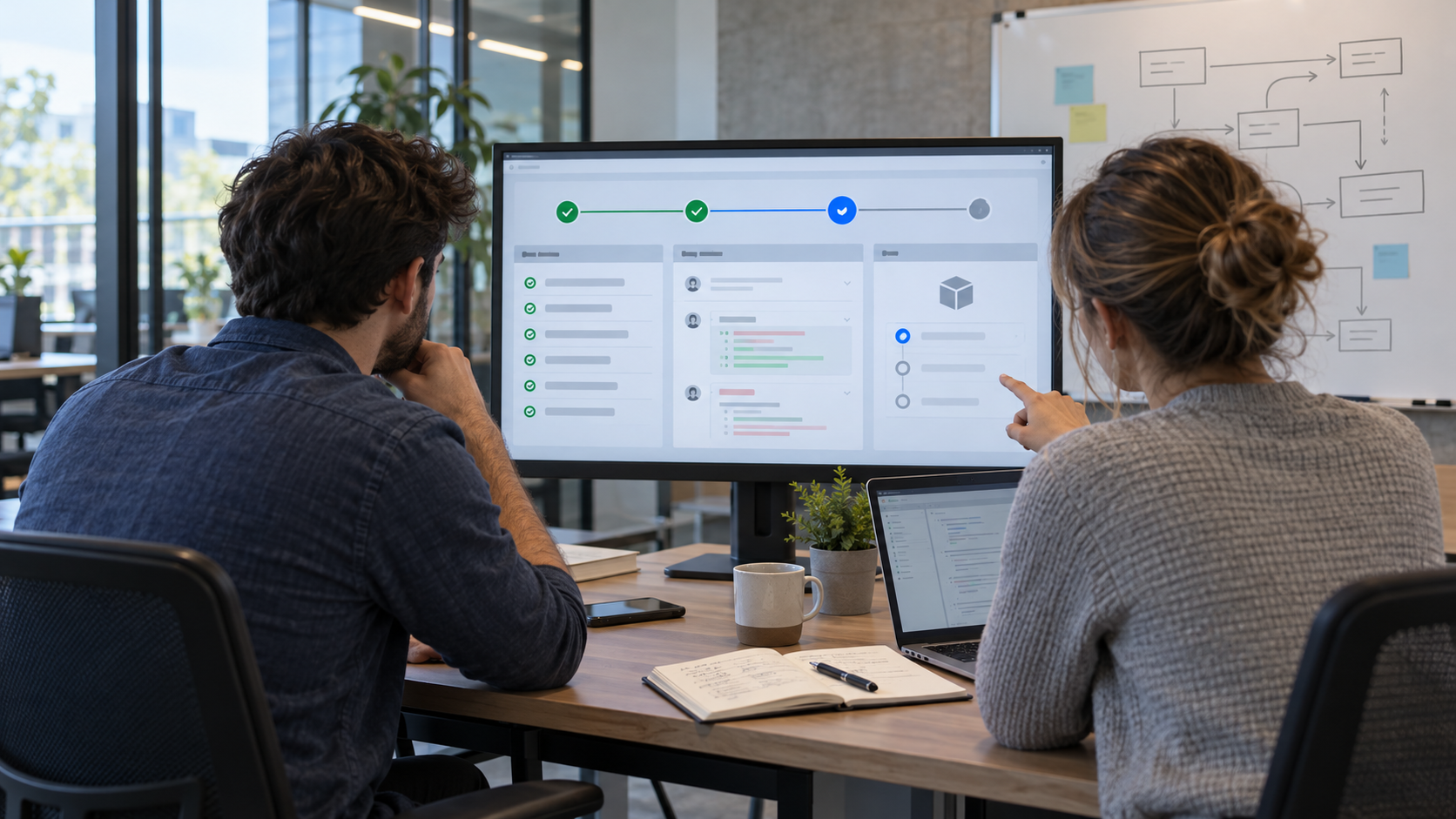 Realistic 3D illustration of two engineers reviewing testing and release stages on a monitor.